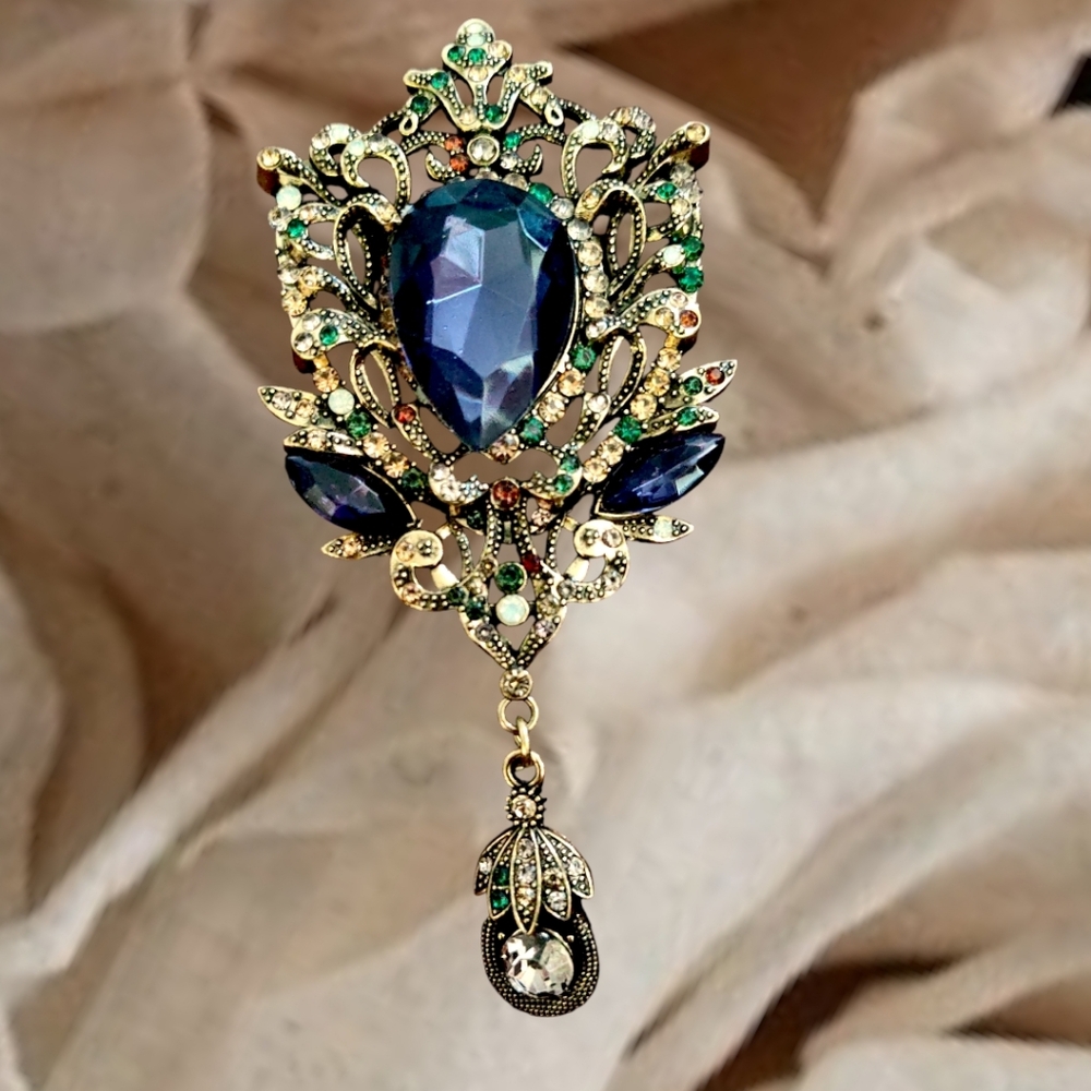 Victorian Style Blue Rhinestone Brooch